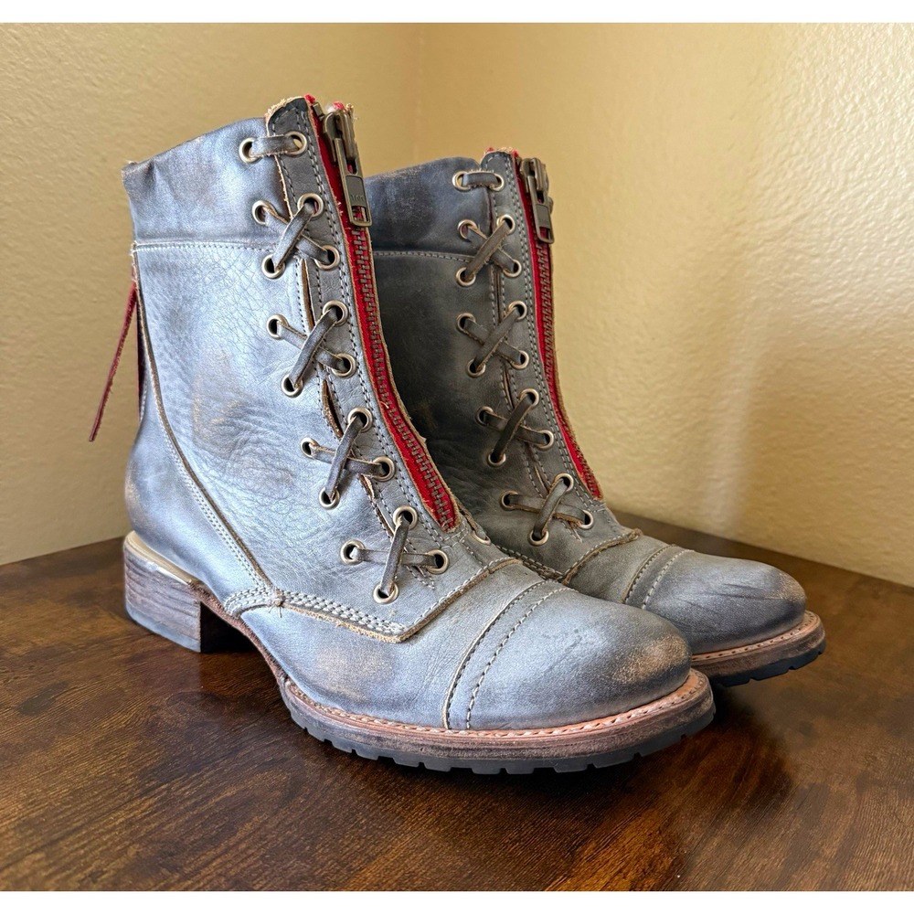 Freebird Liverpool Grey Leather Lace Up Front Zip Combat Ankle Boots Size 10
